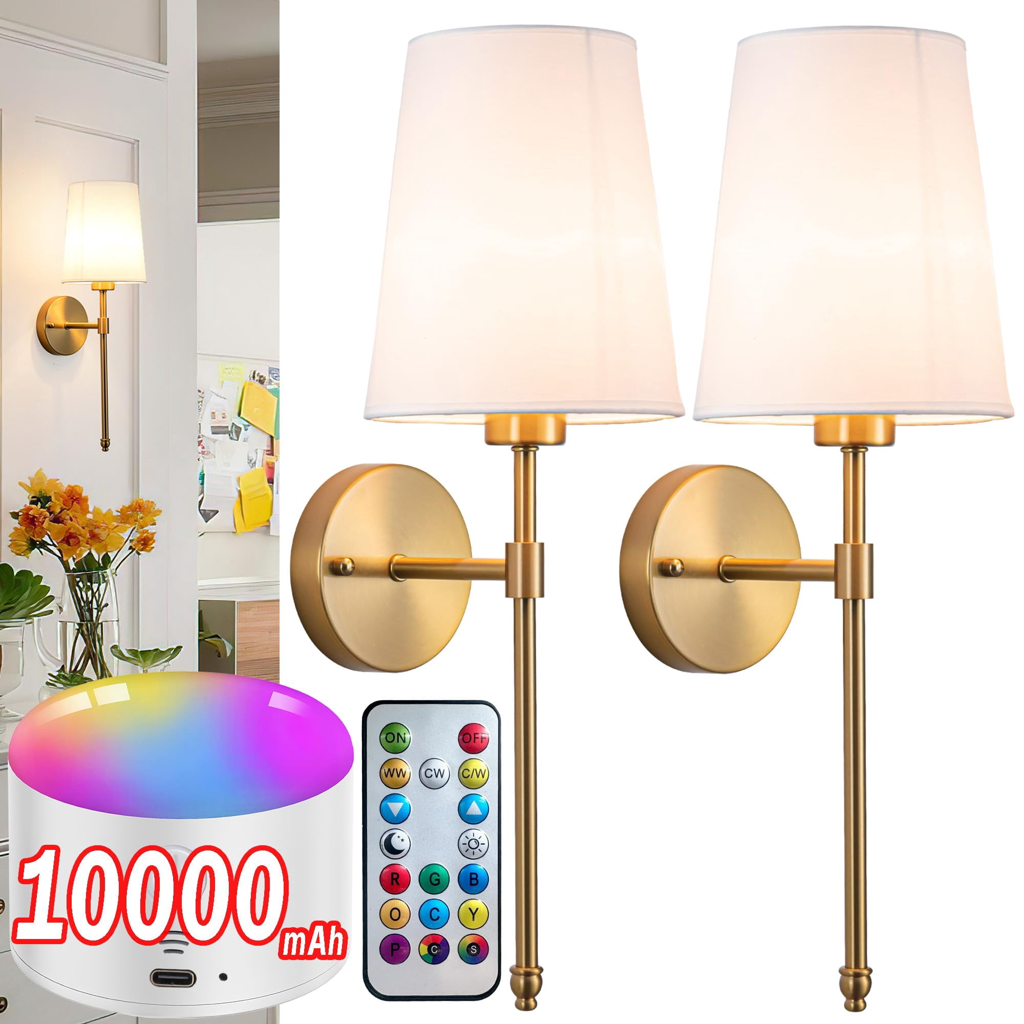 Aplique De Pared Yhcdlamp Recargable 10000 Mah Rgb Con Control Remoto, Paquete De 2