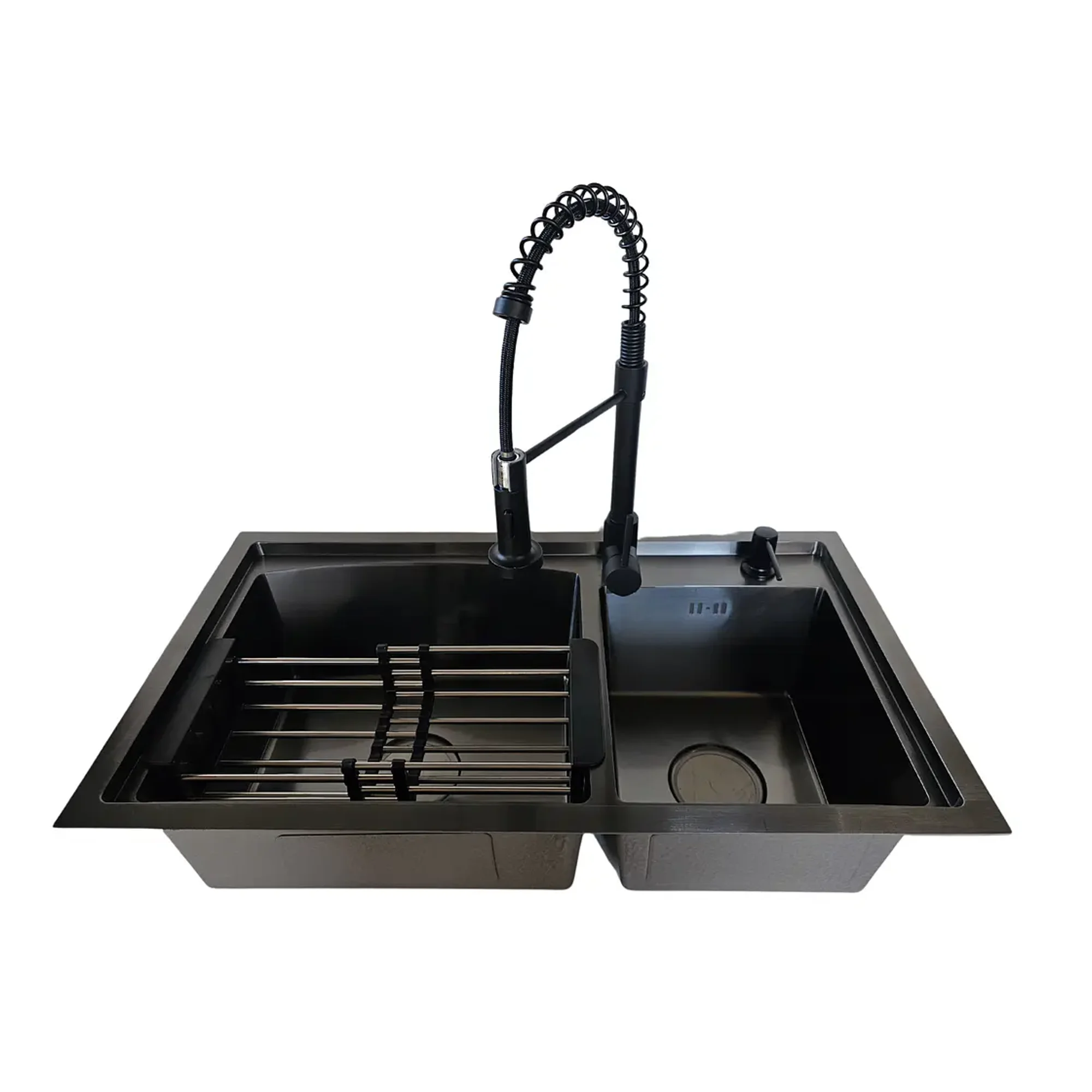 Modern Space - Lavaplatos Curvo 78x43 Cm Deluxe De Acero Inoxidable Para Empotrar Espesor 2mm Color Negro + Rejilla Escurridora, Dispensador De Jabón Y Griferia Industrial