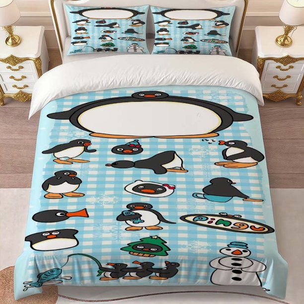Pingu Character Collection Themed Printed Three-Piece Bedding Set Soft Duvet Cover And Two Pillowcases