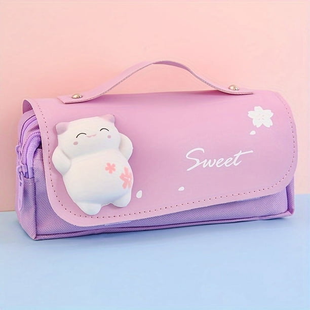 Cute Cat Decompression Pencil Case - Double Layer School Pouch - Portable Girls Pen Bag - Kawaii Stationery