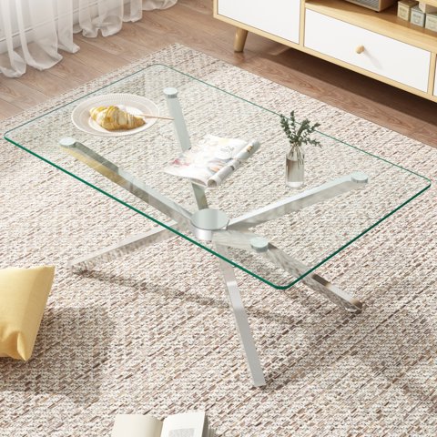 M&Ms - 39.37"" Rectangular Clear Tempered Glass Coffee Table,Stylish Design With Silver Metal Legs, Coffee Table For Living Room