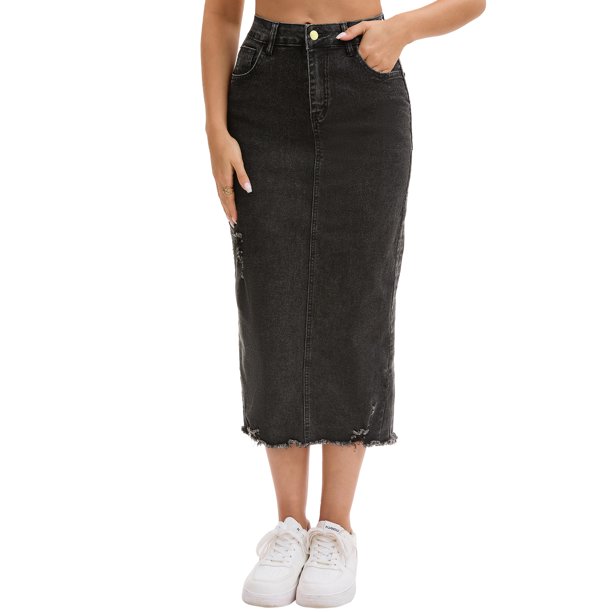 INSPIRE CHIC Falda de Mezclilla para Mujer de Cintura Alta con Estiramiento, Desgarrada, Dobladillo Crudo, Abertura, Casual, Midi, Lápiz, Talla XL, Negra