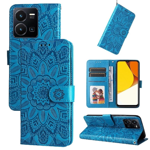 Funda tipo cartera FOXDOCK para Vivo Y35 4G , diseño girasol en relieve, cuero PU, cierre magnético, soporte y tarjetero