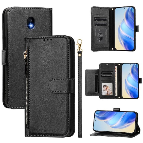 Funda Tipo Billetera para Samsung Galaxy J5 2017 con Cremallera Portatarjetas Soporte Correa de Muñeca Cuero Negro