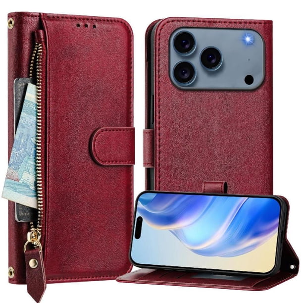 Funda Billetera Cremallera para iPhone 17 Pro con Porta Tarjetas, Soporte y Correa Rojo