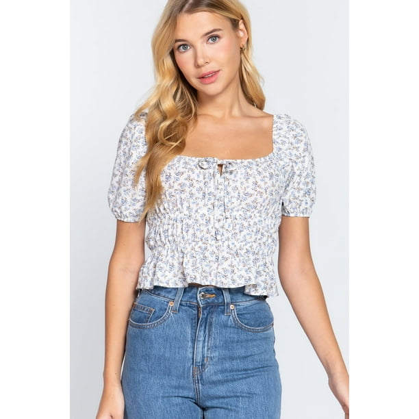 Top Corto Tejido con Estampado Fruncido