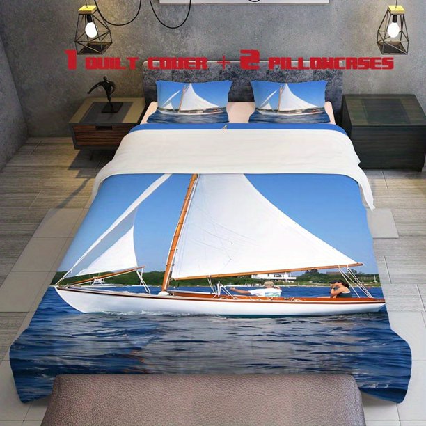 3pcs Sailing Ship Bedding Set Double Cover & 2 Pillowcases Polyester