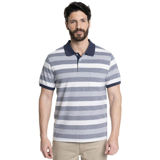 Polera Hombre Piqué Listada Cuello Camisero Bolsillo Pecho
