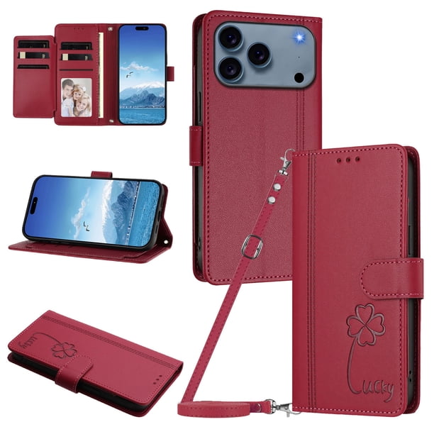 Funda Cartera Trébol para iPhone 17 Pro con Ranuras Tarjetas y Carga Inalámbrica Rojo
