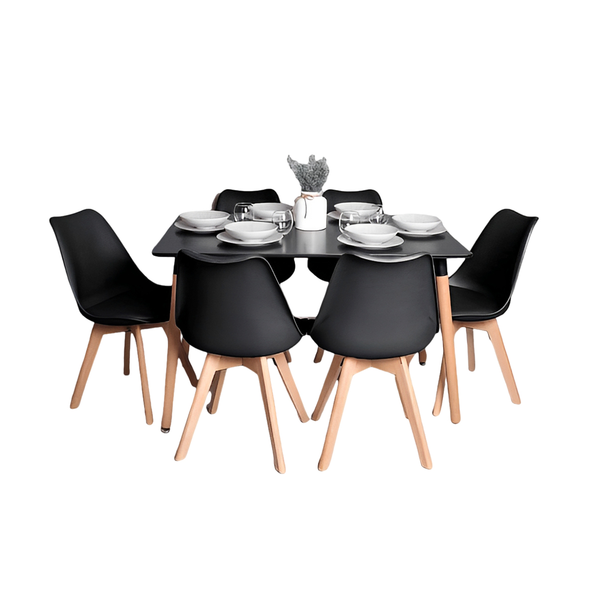 Klik Muebles - Comedor Mesa Rectangular Negra + 6 Sillas Tulip Negras