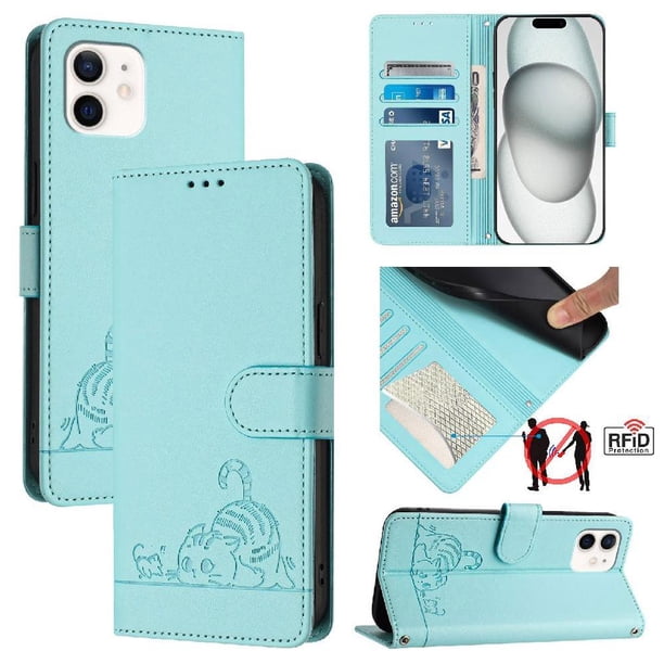 Funda tipo cartera FOXDOCK para iPhone 11 con soporte, ranuras, RFID, diseño de gato