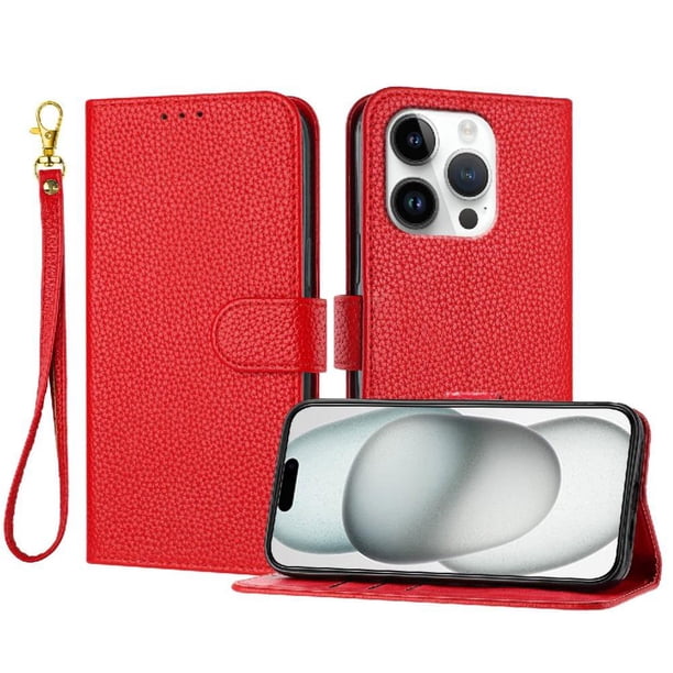 Funda Cartera para iPhone 16 Pro Tarjetero Soporte Magnético y Correa Rojo