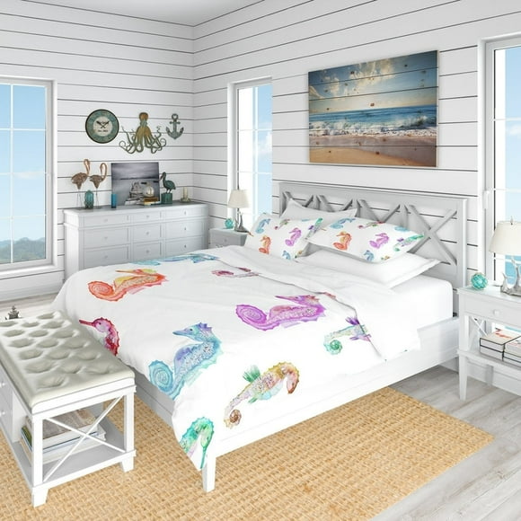 Designart Patrón Con Caballitos De Mar Multicolor Juego De Cama Náutico Y Costero