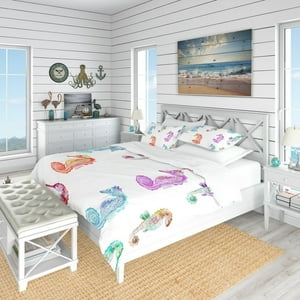 Milsleep - Designart 'Patrón Con Caballitos De Mar Multicolor' Juego De Cama Náutico Y Costero