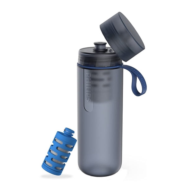 Botella de agua PHILIPS Water GoZero Active sin BPA con filtro de agua para grifo de fitness, botella de agua deportiva para apretar, ligera, azul, 20 oz con filtro de acondicionamiento físico, azul