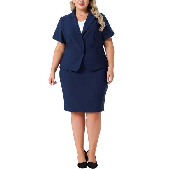 Agnes Orinda Conjunto de Traje de Negocios con Blazer de Manga Corta y Falda Lápiz para Mujer de Talla Grande para la Escuela y la Oficina 4X Azul Marino