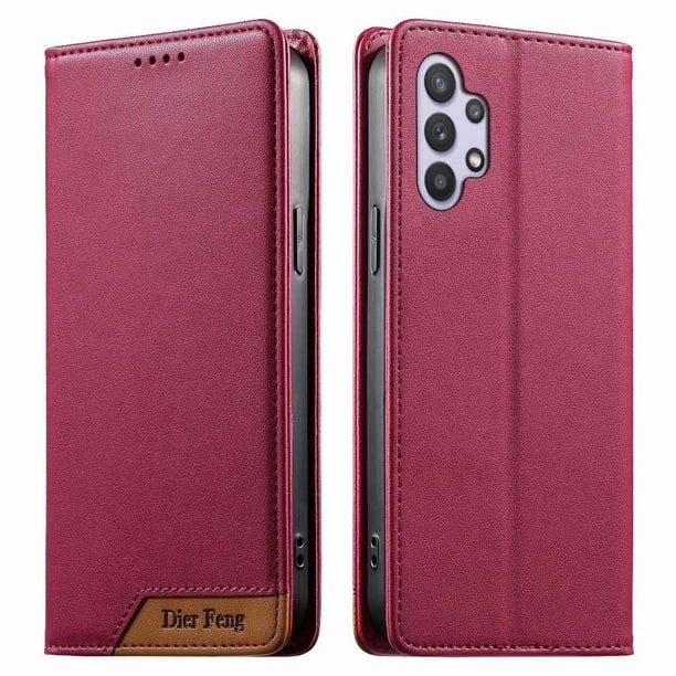 Funda Tipo Cartera de Cuero Sintético para Samsung Galaxy A32 5G Bloqueo RFID, con Ranuras para Tarjetas y Bolsillo para Efectivo, Cierre Magnético Fuerte Rojo