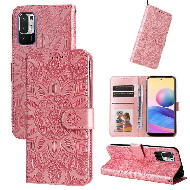 Funda tipo cartera FOXDOCK para Xiaomi Poco M3 Pro 5G , diseño girasol en relieve, cuero PU, cierre magnético, soporte y tarjetero