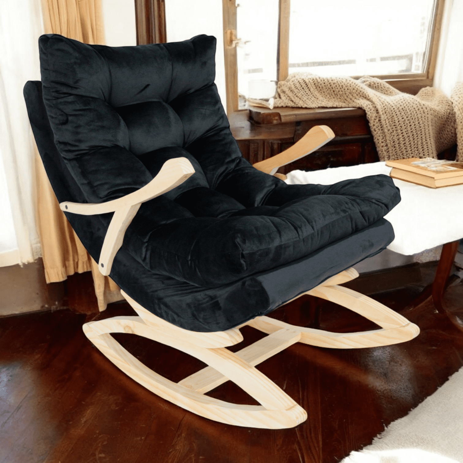 Muebles New - Silla Mecedora Coquette Con Apoya Brazo Negro Felpa