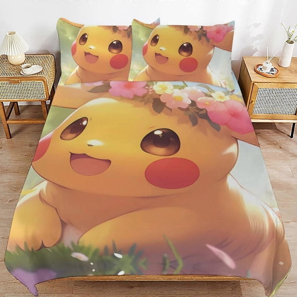 Pi--chu Bed Duvet Cover Microfiber Bedding Se3D Printed Lightweight3 Piece Comforter Se