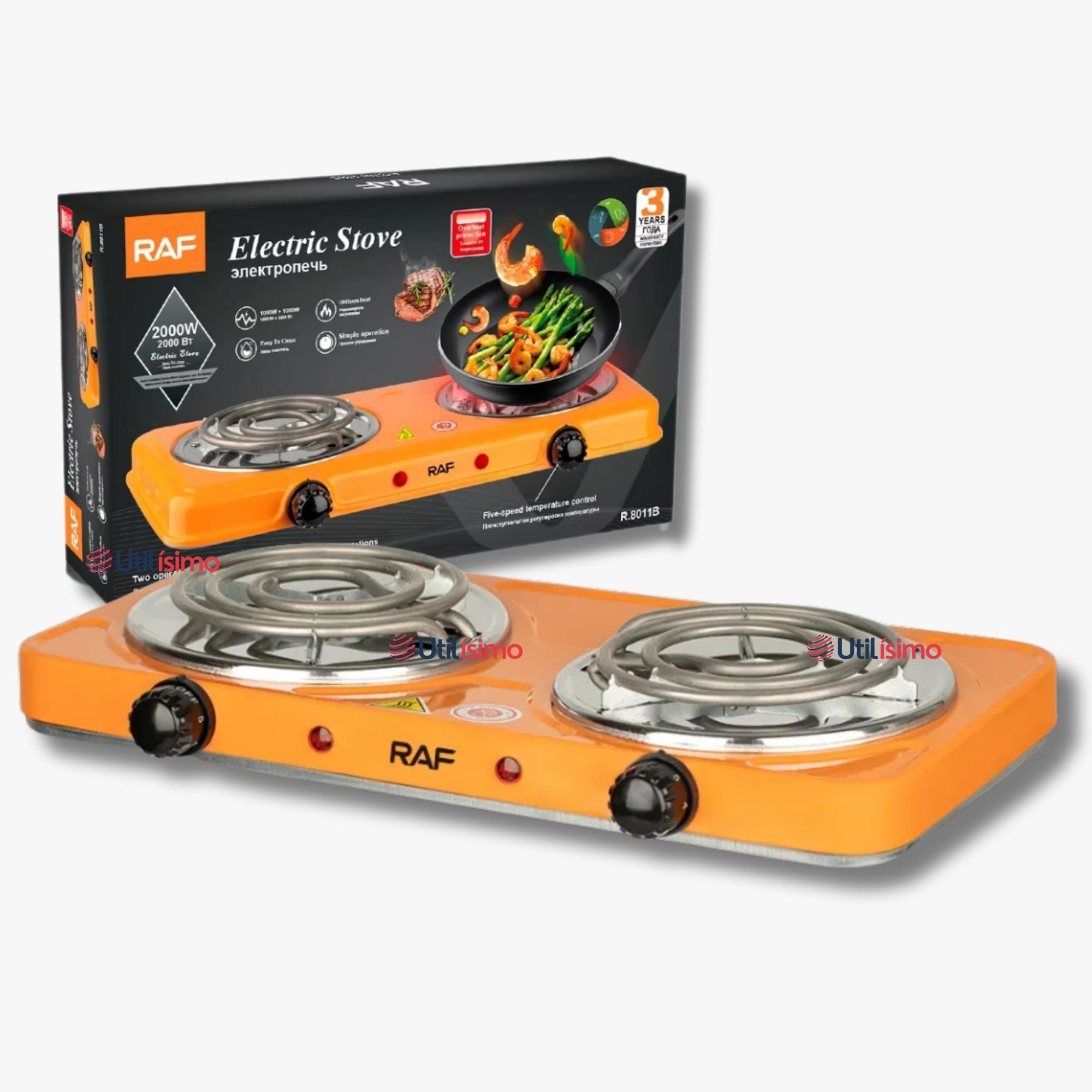 Raf - Cocina Eléctrica 2 Platos 2000w Cocinilla Portátil Naranja