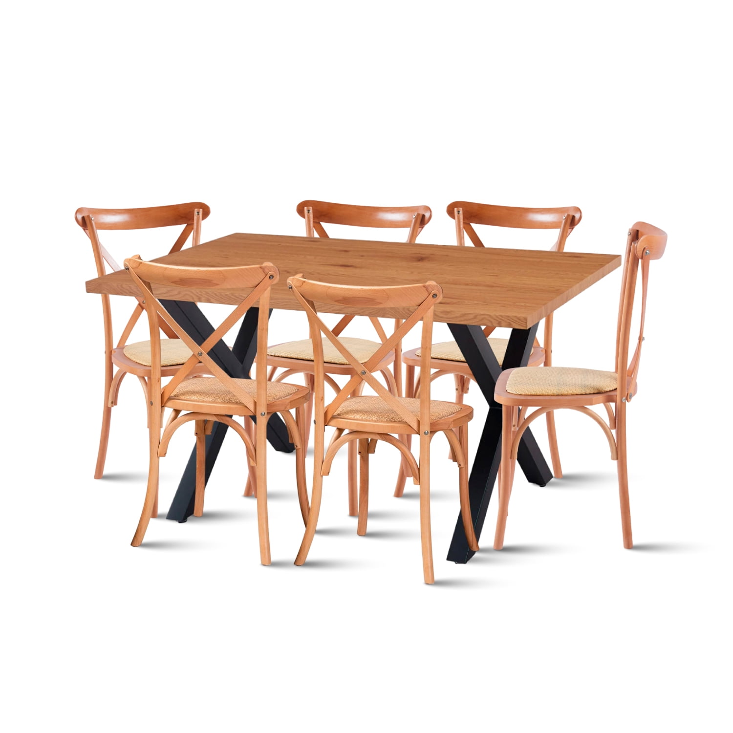 Klik Muebles - Comedor Mesa Color Madera Y Metal Cross 140x90 + 6 Sillas Crossback Madera Rattan Natural