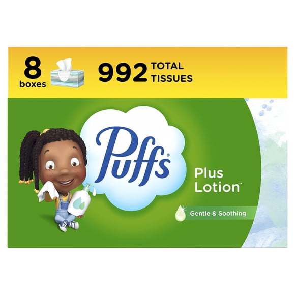 Loción facial Puffs Plus, 8 cajas familiares, 124 pañuelos