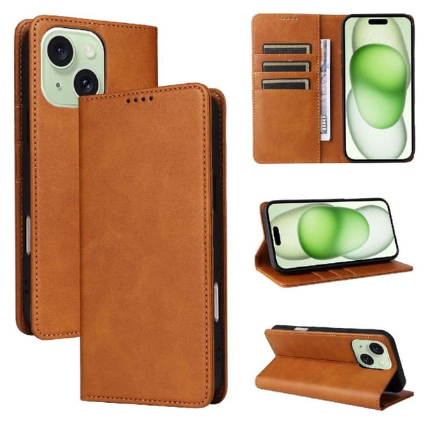 Funda Cartera para iPhone 15 Plus con Ranuras Tarjetas y Soporte - Protección Completa Marrón