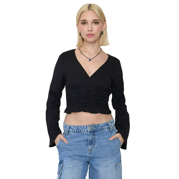 Blusa Mujer Manga Larga Campana Negro Corona