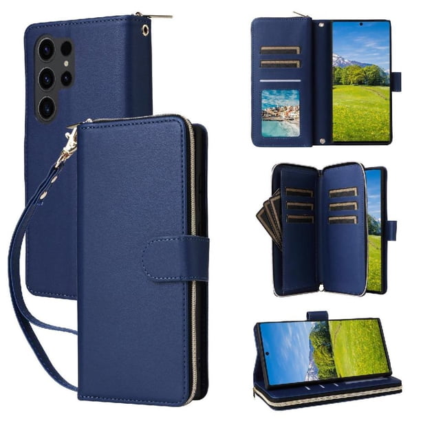 Funda Cartera con Cremallera y Correa para Samsung Galaxy S23 Ultra Soporte y Tarjetero Azul