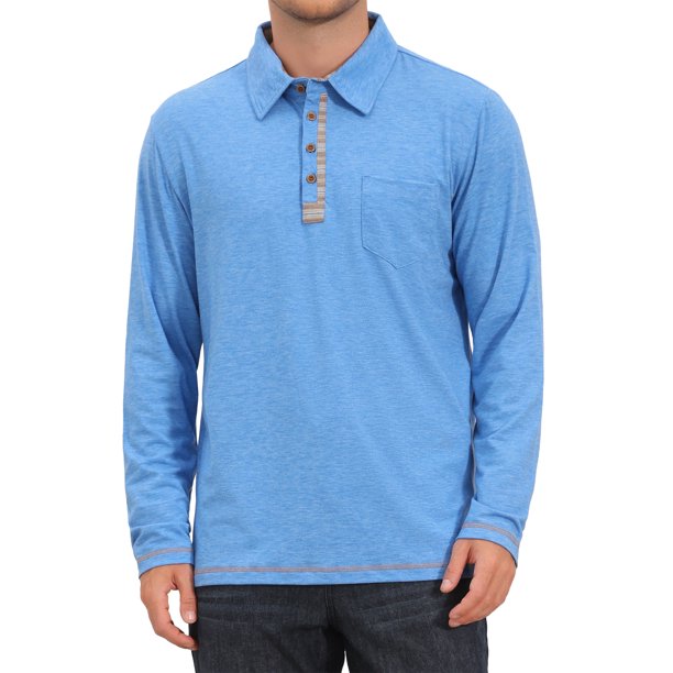 Camisas Polo de Hombre con Tapeta de Contraste, Botón, Cuello con Bolsillo, Mangas Largas, 3XL Azul