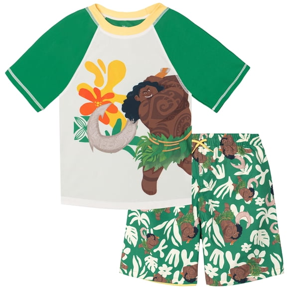 Conjunto de trajes de baño Disney Moana Maui Big Boys de 10 a 12 años, color verde y blanco