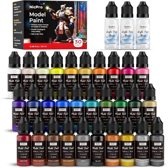Nicpro Set de pinturas acrílicas para modelismo, 30 colores, 20 ml, listas para usar