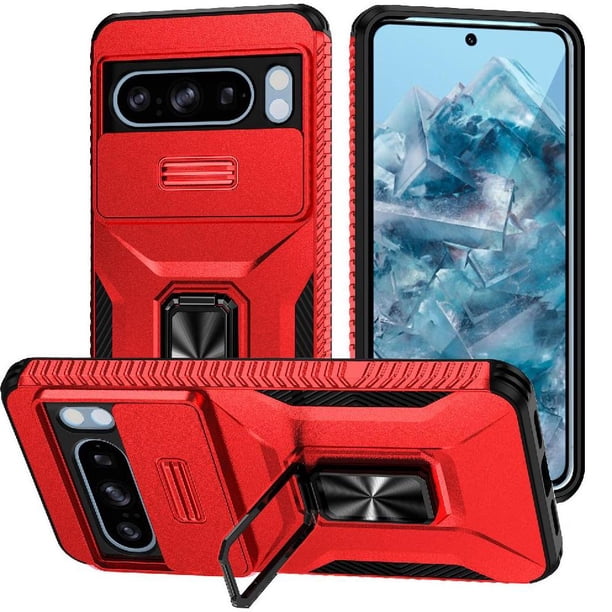 Funda Armada para Google Pixel 8 Pro con Tapa Deslizante y Soporte Magnético Giratorio Rojo