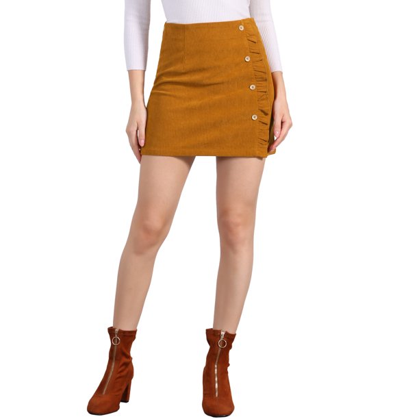 INSPIRE CHIC Falda de Mujer Regreso a Clases Pana Cintura Alta Botón Decorativo Falda Línea A Mini Camel L