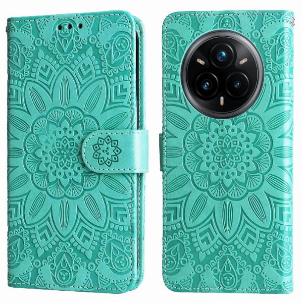 Funda tipo cartera FOXDOCK para Realme 14 Pro , diseño girasol en relieve, cuero PU, cierre magnético, soporte y tarjetero