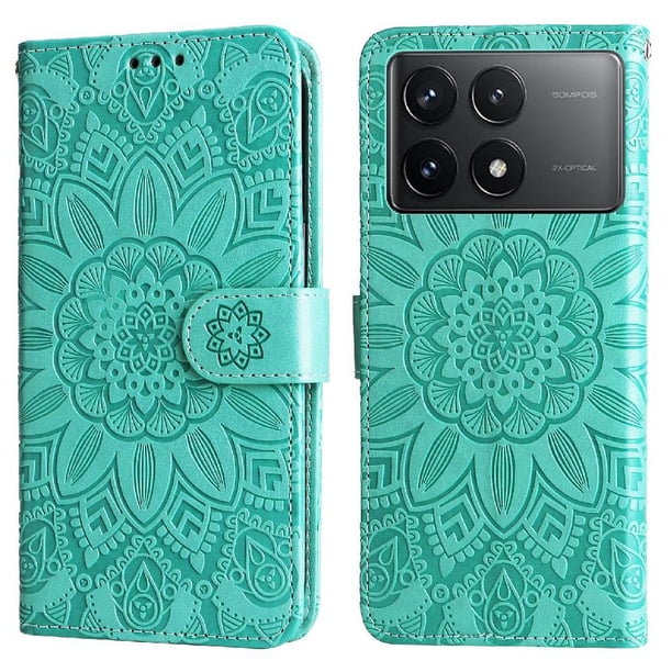 Funda tipo cartera FOXDOCK para Xiaomi Poco F6 Pro , diseño girasol en relieve, cuero PU, cierre magnético, soporte y tarjetero