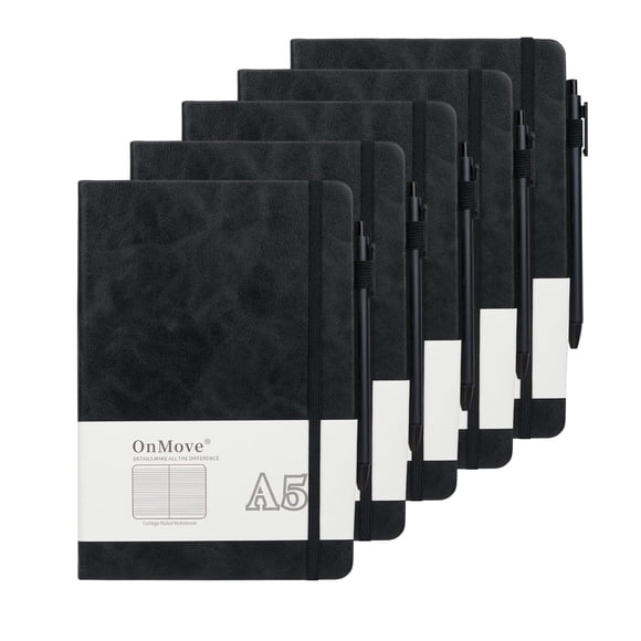 Cuadernos OnMove A5 Pack de 5 en Cuero Negro, 160 páginas