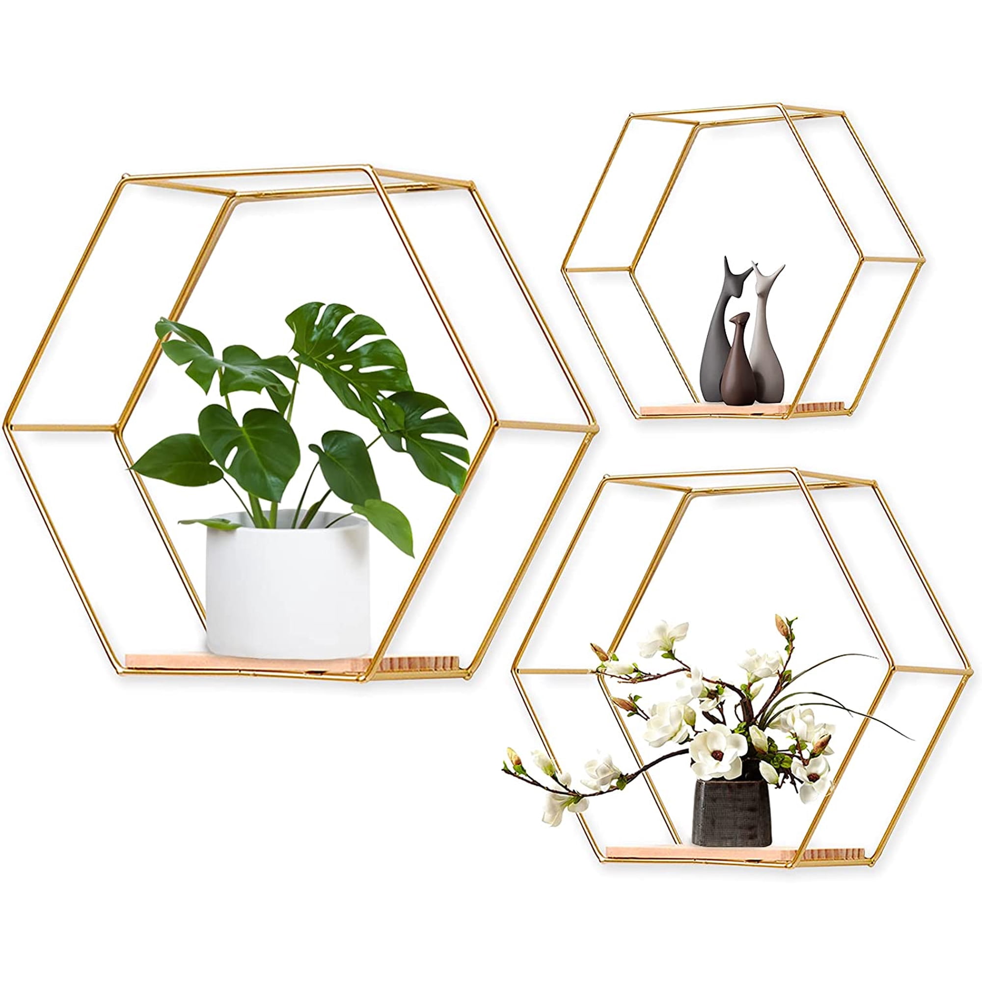 Juego De 3 Estantes Hexagonales Flotantes De Metal Y Madera - Estantes Decorativos Para Pared (color Oro)