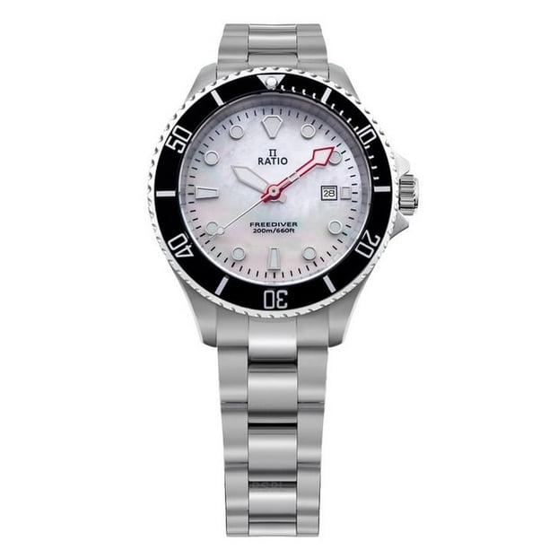 Reloj para mujer Ratio FreeDiver Sapphire de acero inoxidable con esfera de madreperla blanca de cuarzo