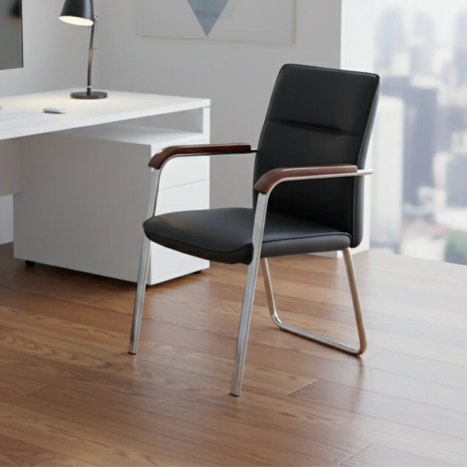 Genérica - Silla De Escritorio Ejecutiva En Eco Cuero Negra Con Brazos De Madera Ergonómica Para Oficina Y Sala De Espera