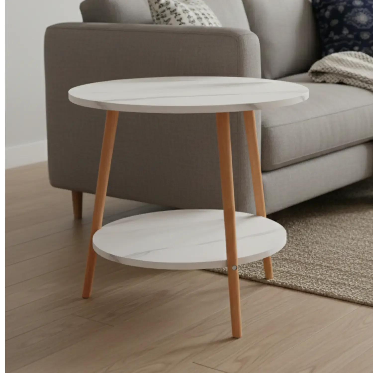 Genérico - Mesa De Centro Nórdica De Dos Niveles Con Efecto Mármol Blanco Y Patas De Madera