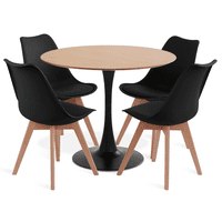 Moboi - Comedor Mesa Tulip Wood Negra Con 4 Sillas Tulip Acolchada Negras