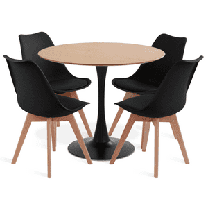 Moboi - Comedor Mesa Tulip Wood Negra Con 4 Sillas Tulip Acolchada Negras