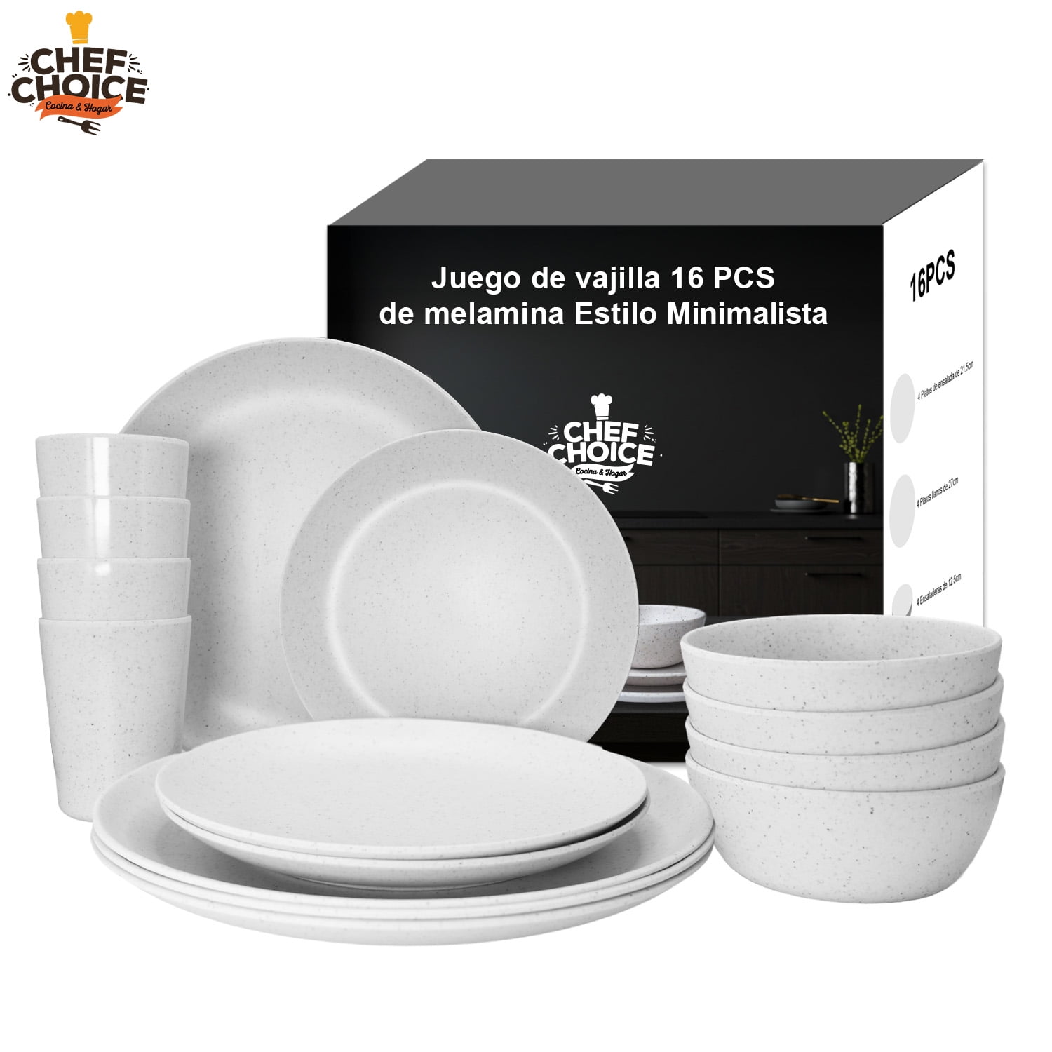 Set 16 Pcs Juego De Vajilla Completo Melamina Blanco Tiza Estilo Minimalista Marca Chefchoice