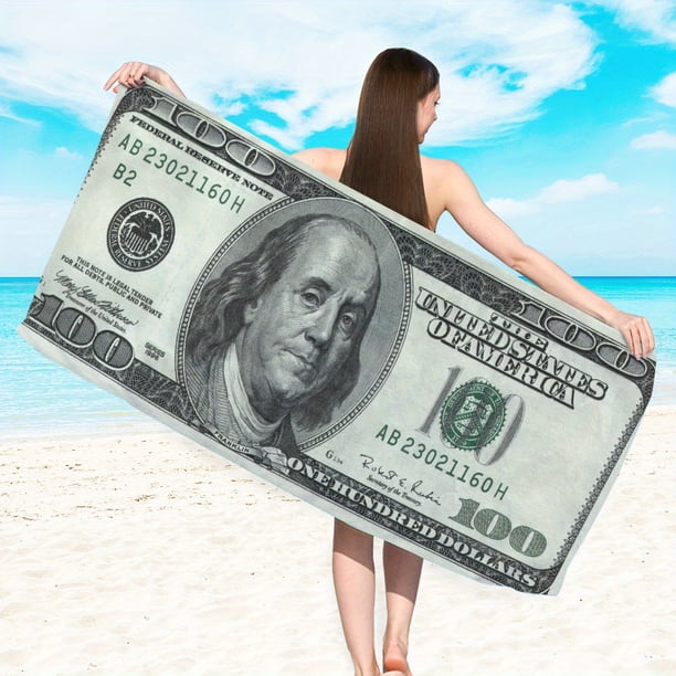 1 pc Super Absorbent 100 Dollar Bill Print Beach Towel - Lightweight and Durable Microfiber Towel for Swimming, Camping, and Outdoor Activities - 59 x 27.6 Inches / 149.86 x 70.1 Cm