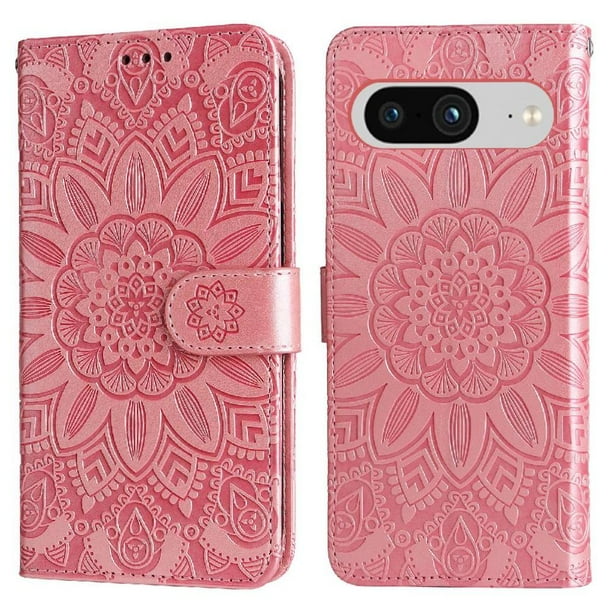 Funda tipo cartera FOXDOCK para Google Pixel 8 , diseño girasol en relieve, cuero PU, cierre magnético, soporte y tarjetero