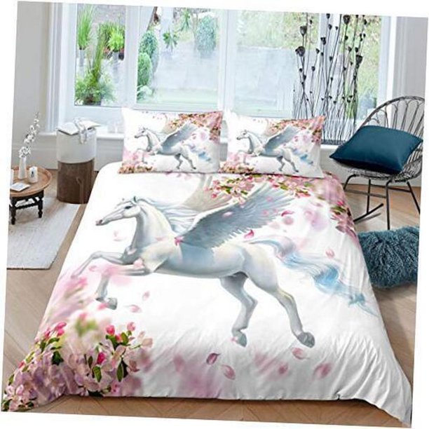 Pegasus for Kids Boys Girls White Horse Quilt Duvet Cover Set Bedspread Kids3-Piece Bedding Set