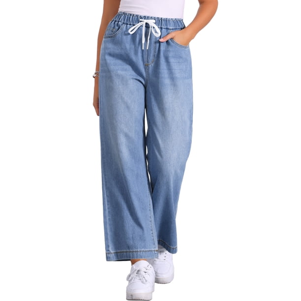 INSPIRE CHIC Pantalones Vaqueros de Pierna Ancha para Mujer Regreso a Clases con Cintura Elástica y Cordón Casual con Bolsillos Azul Claro S