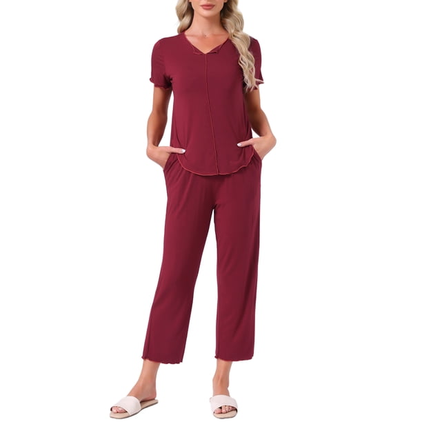 INSPIRE CHIC Conjuntos de Pijama para Mujer Ropa de Dormir de Verano con Sujetador Incorporado Camisetas de Manga Corta y Pantalones Conjunto de Salón con Bolsillos L Rojo